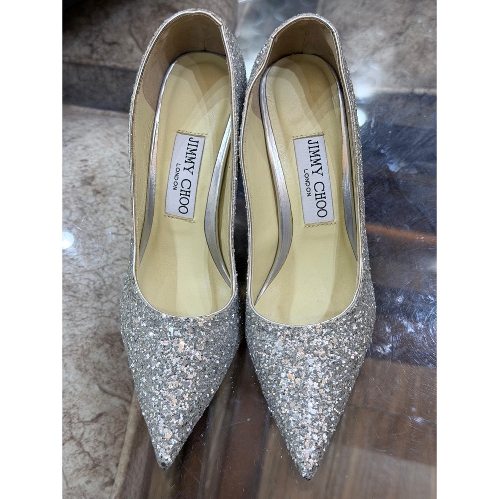 Jimmy Choo Silver Coarse Glitter Pointed Toe Stiletto Pumps Made in Italy 36‎